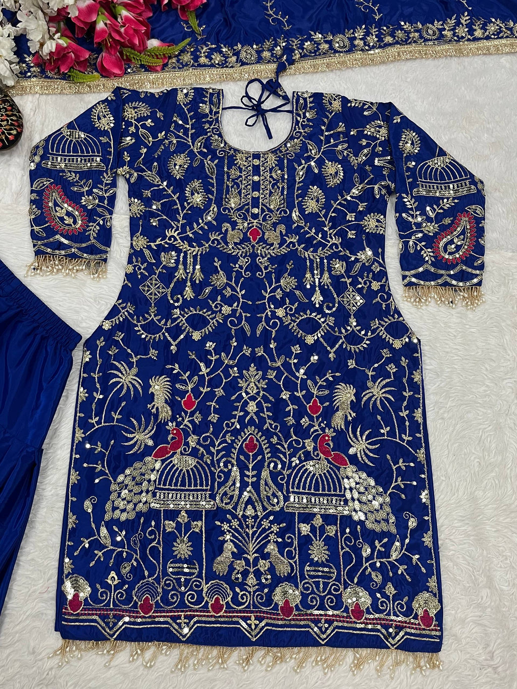 Afsana Natural Crepe Embroidered Dhoti Salwar Set with Lace Dupatta