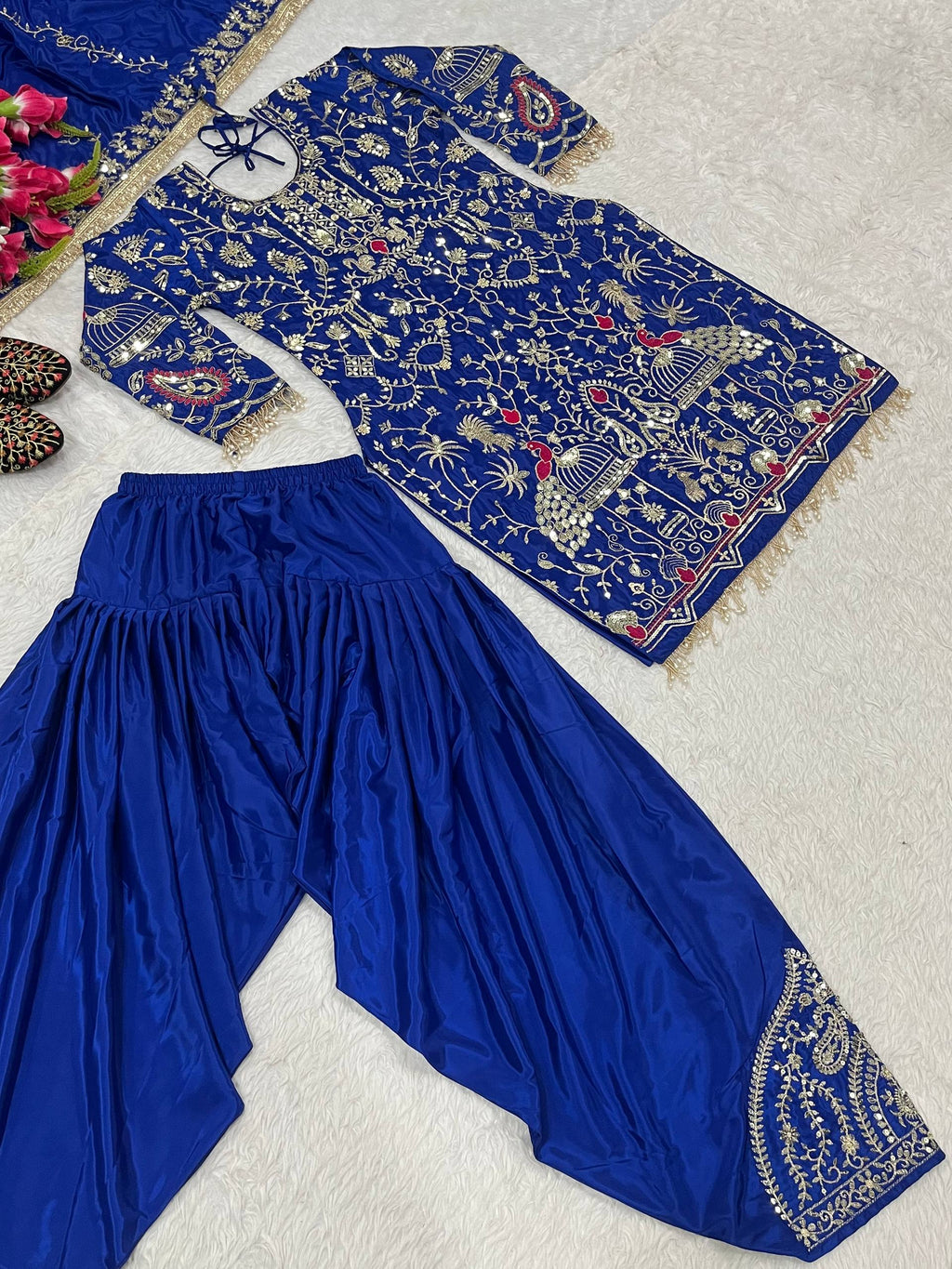 Afsana Natural Crepe Embroidered Dhoti Salwar Set with Lace Dupatta