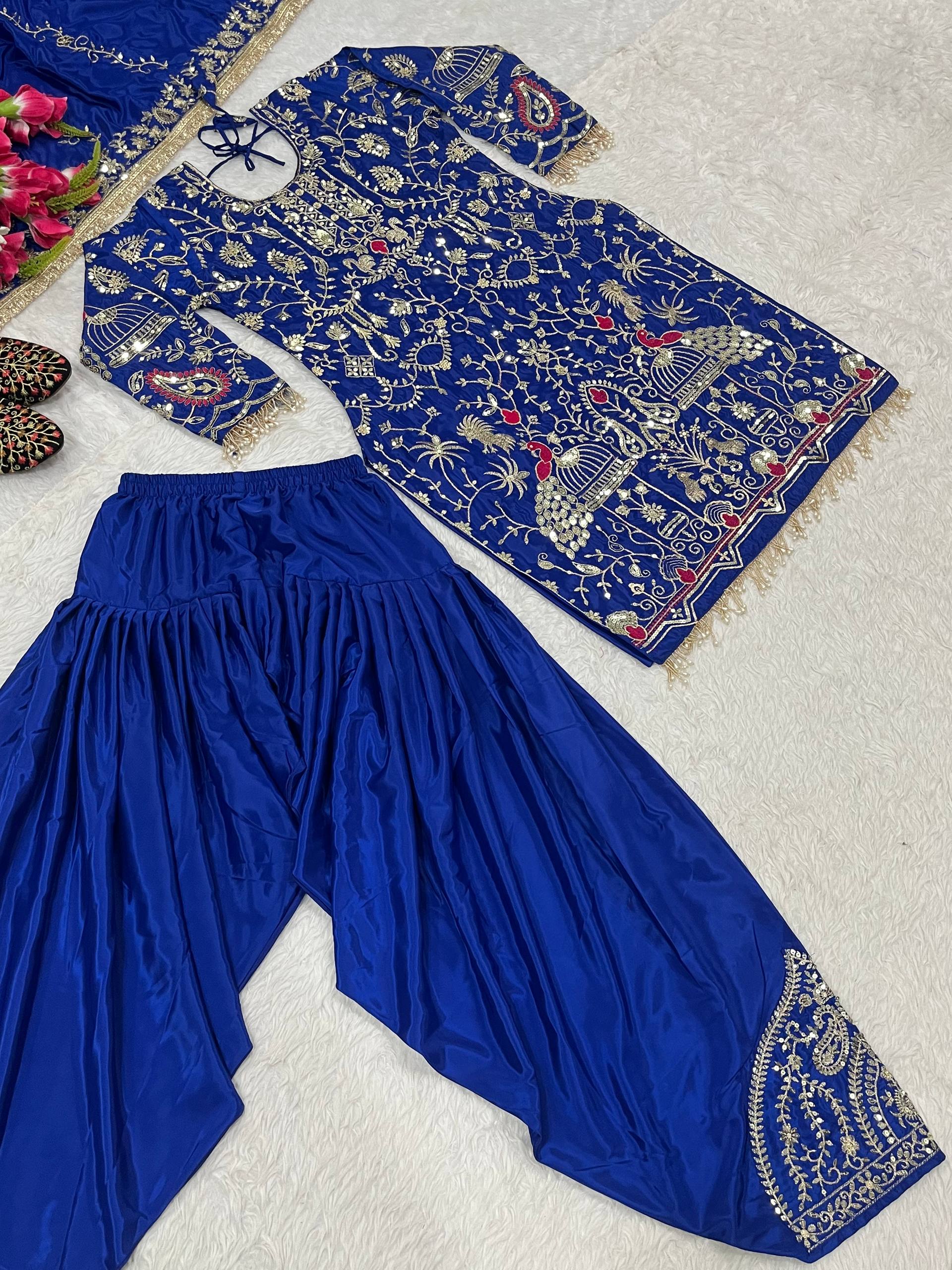 Afsana Natural Crepe Embroidered Dhoti Salwar Set with Lace Dupatta