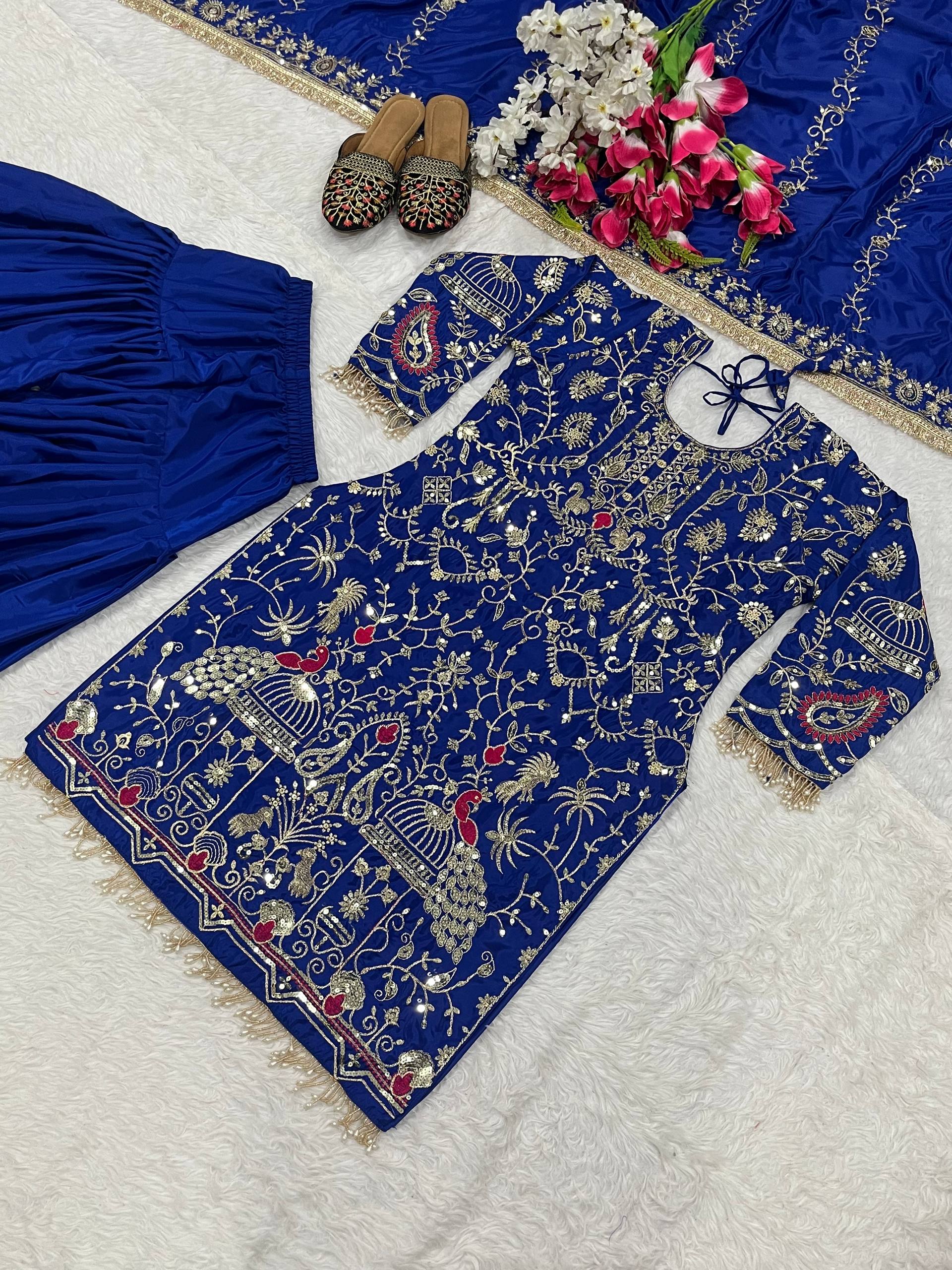 Afsana Natural Crepe Embroidered Dhoti Salwar Set with Lace Dupatta