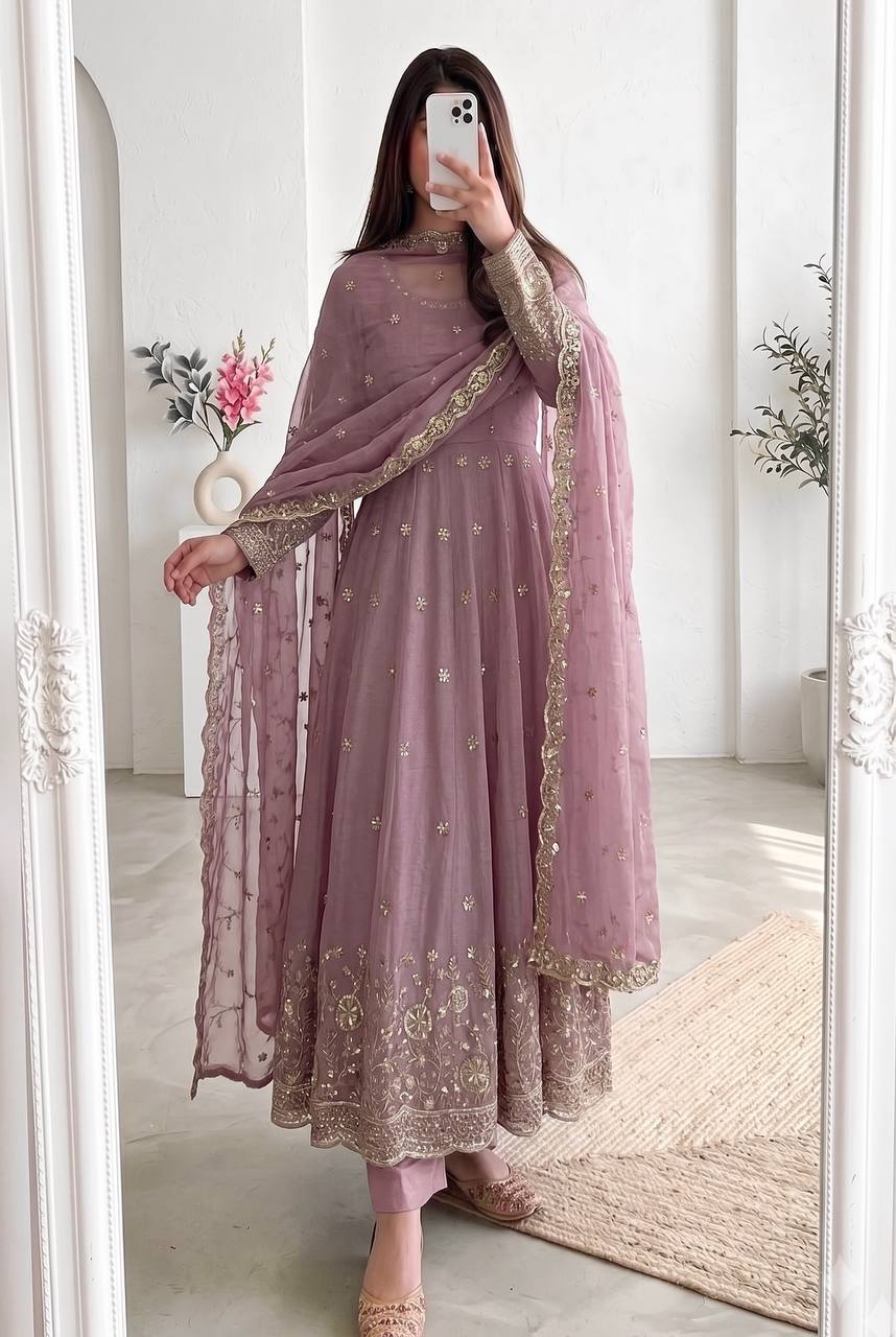 Ishanvi Crunchy Silk Embroidered Gown with Pant & Dupatta