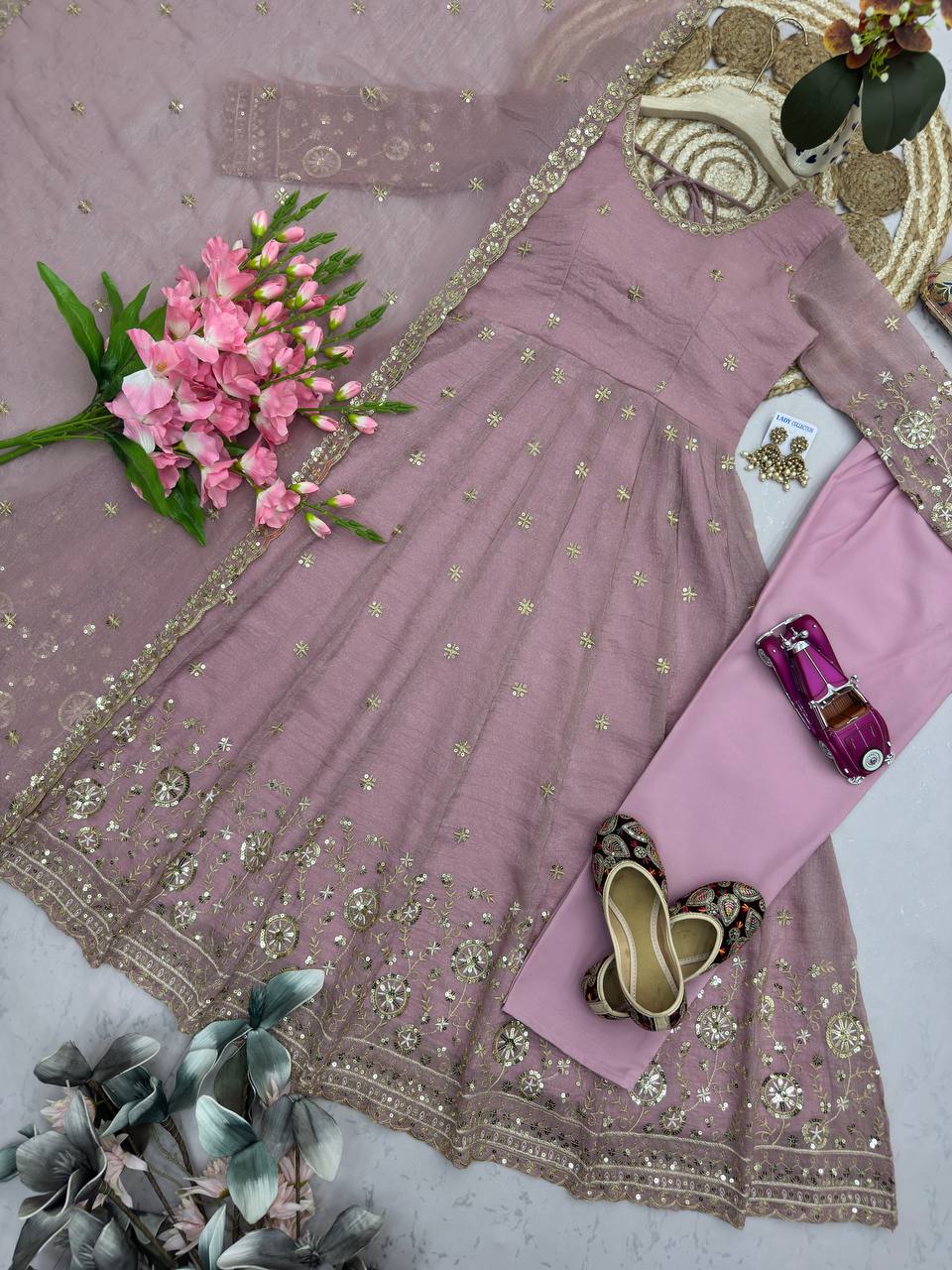 Ishanvi Crunchy Silk Embroidered Gown with Pant & Dupatta