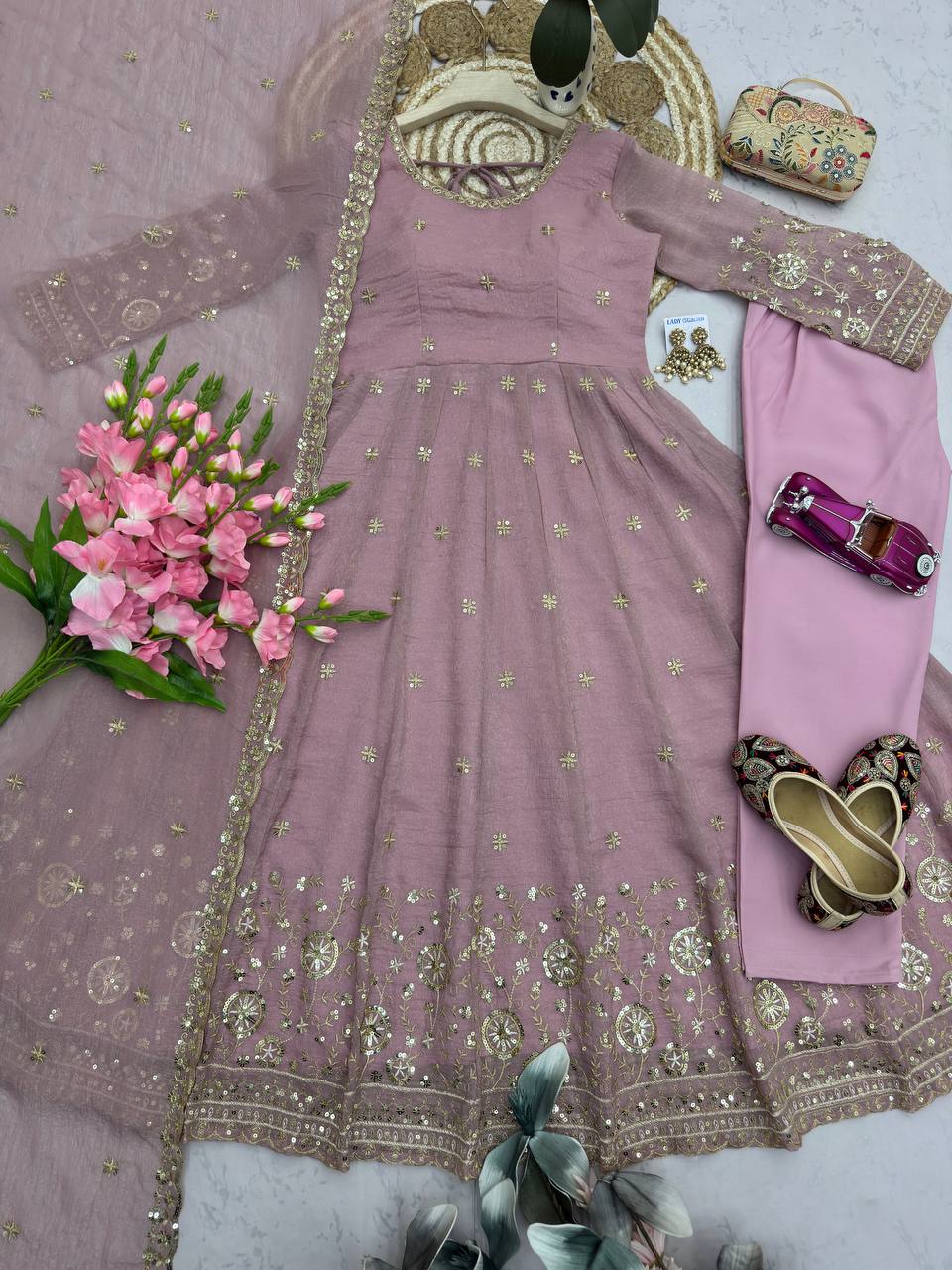 Ishanvi Crunchy Silk Embroidered Gown with Pant & Dupatta