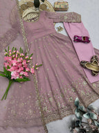 Ishanvi Crunchy Silk Embroidered Gown with Pant & Dupatta