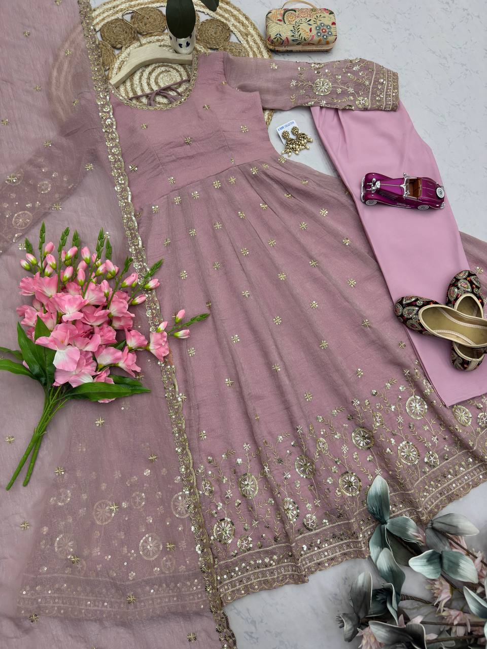 Ishanvi Crunchy Silk Embroidered Gown with Pant & Dupatta