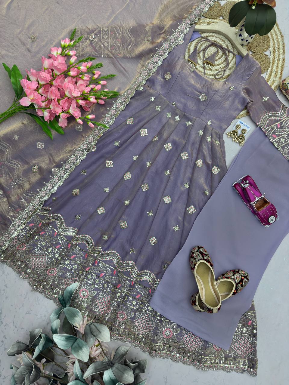 Rupanjali Fandy Silk Embroidered Gown with Palazzo & Pearl Lace Dupatta