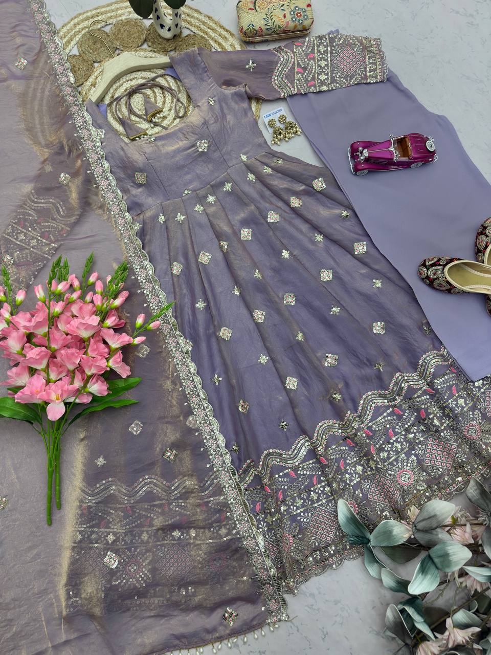 Rupanjali Fandy Silk Embroidered Gown with Palazzo & Pearl Lace Dupatta