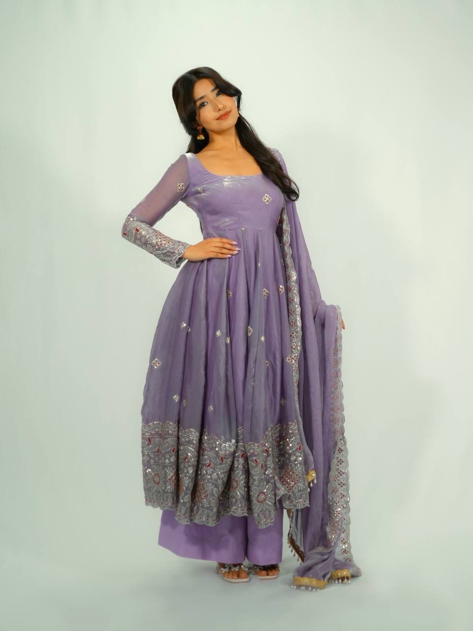 Rupanjali Fandy Silk Embroidered Gown with Palazzo & Pearl Lace Dupatta
