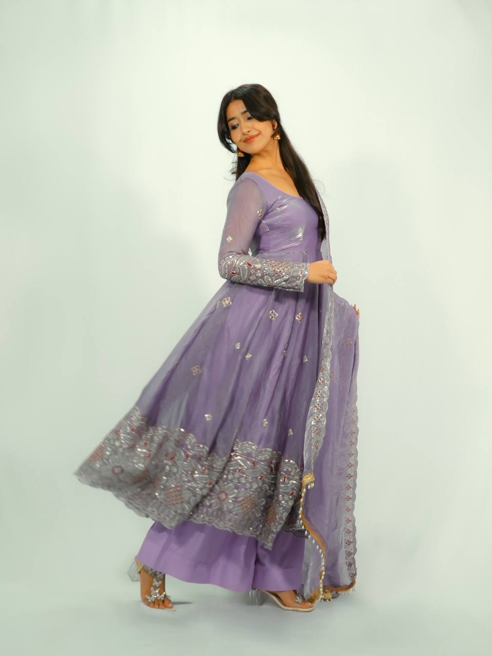 Rupanjali Fandy Silk Embroidered Gown with Palazzo & Pearl Lace Dupatta