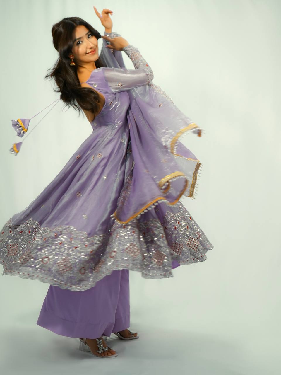 Rupanjali Fandy Silk Embroidered Gown with Palazzo & Pearl Lace Dupatta