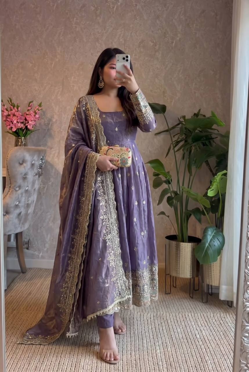 Ritanshi Fandy Silk Embroidered Anarkali with Pant & Dupatta