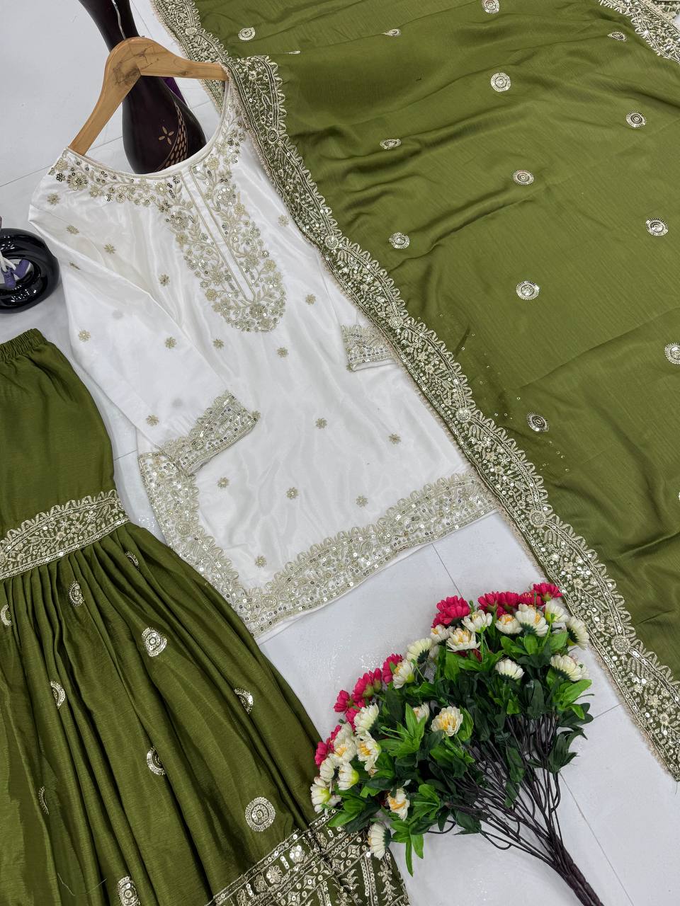 Nayab Chinon Heavy Embroidered Kurta Sharara Set with Dupatta