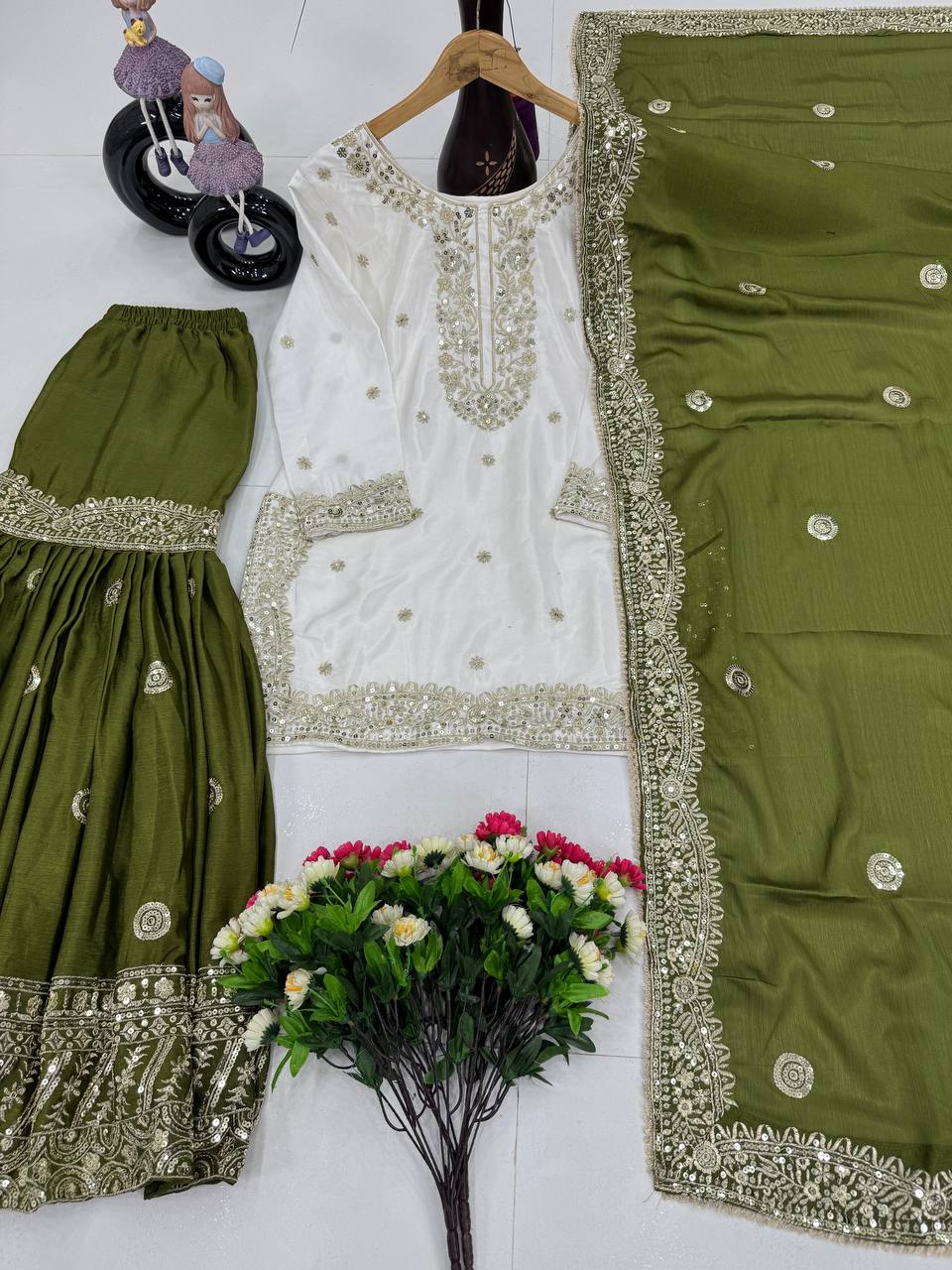 Nayab Chinon Heavy Embroidered Kurta Sharara Set with Dupatta