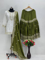 Nayab Chinon Heavy Embroidered Kurta Sharara Set with Dupatta