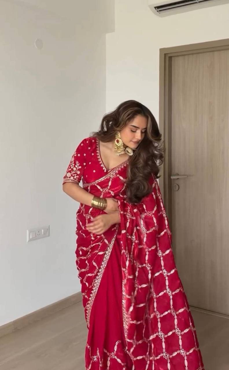 Noor Vastra Designer Fendy Silk Thread & Sequins Embroidered Saree with Heavy Embroidered Blouse