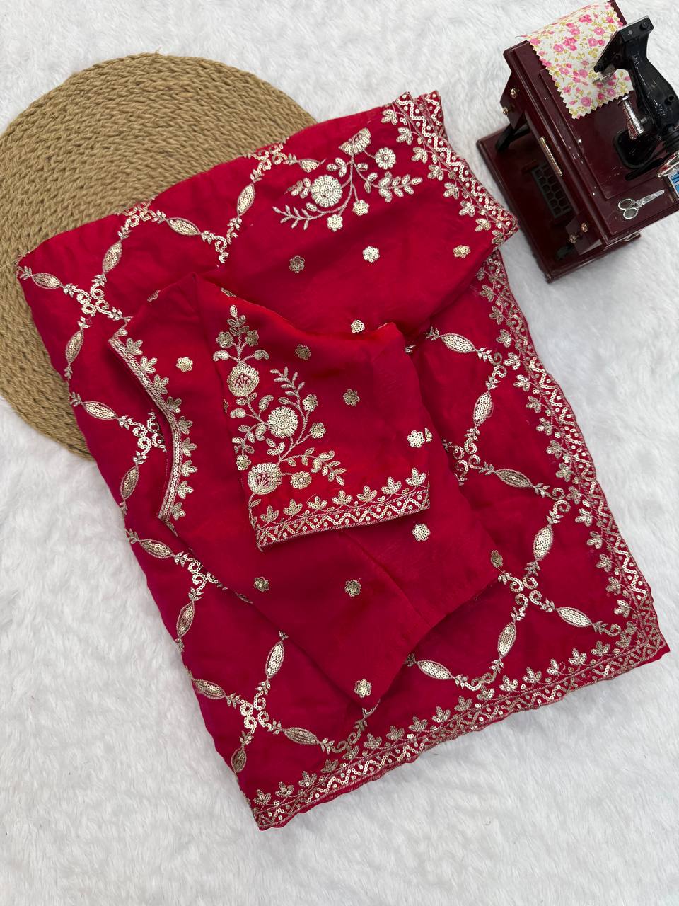 Noor Vastra Designer Fendy Silk Thread & Sequins Embroidered Saree with Heavy Embroidered Blouse