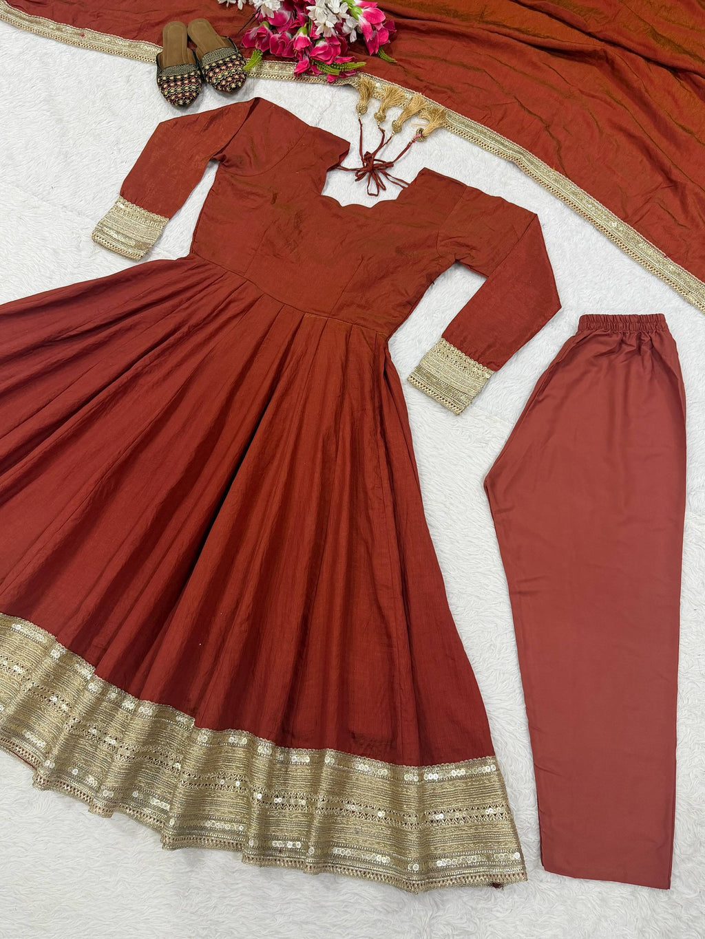 Saanjh Vichitra Silk Sequins Embroidered Anarkali Set with Pant & Dupatta