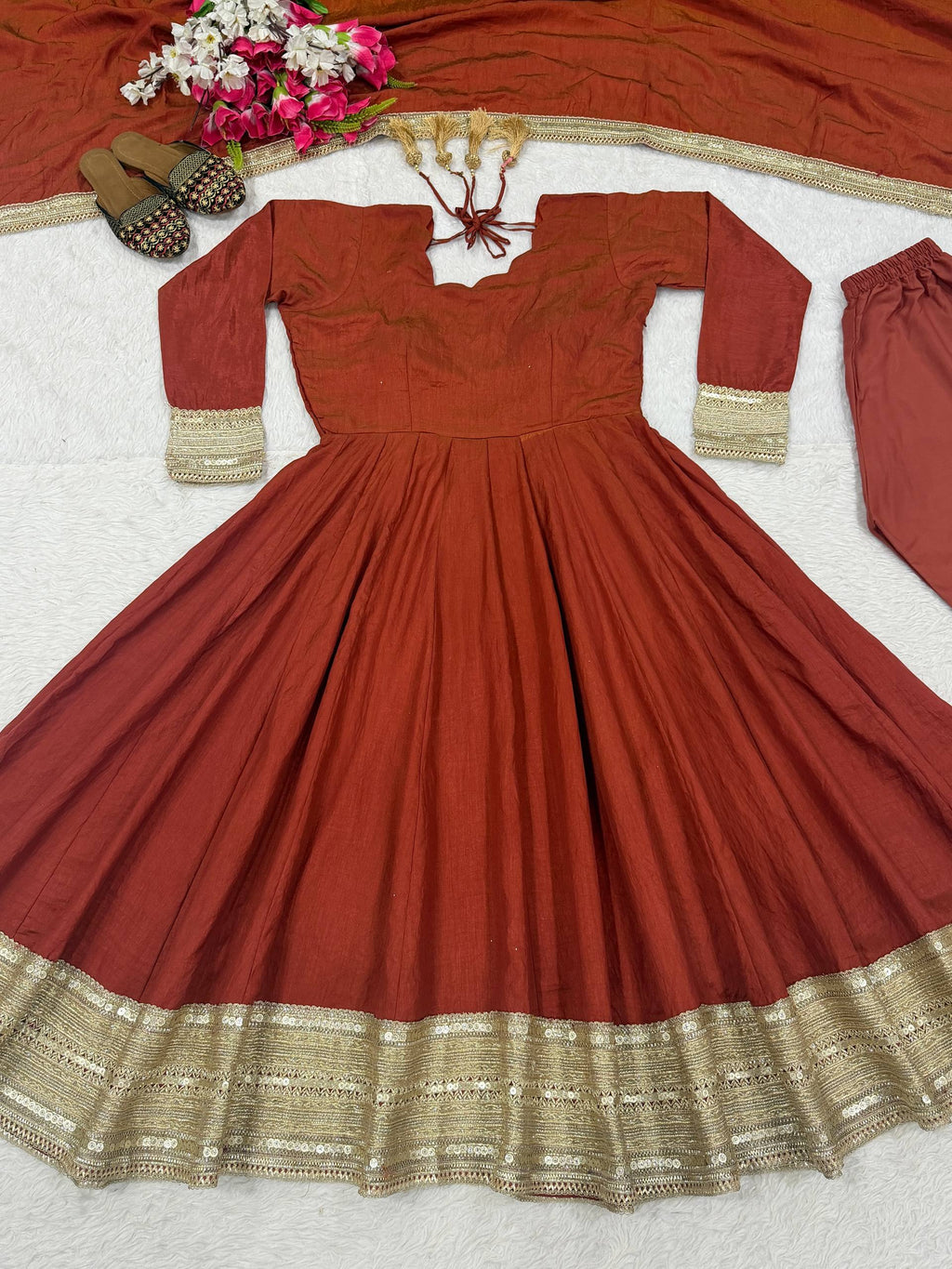 Saanjh Vichitra Silk Sequins Embroidered Anarkali Set with Pant & Dupatta