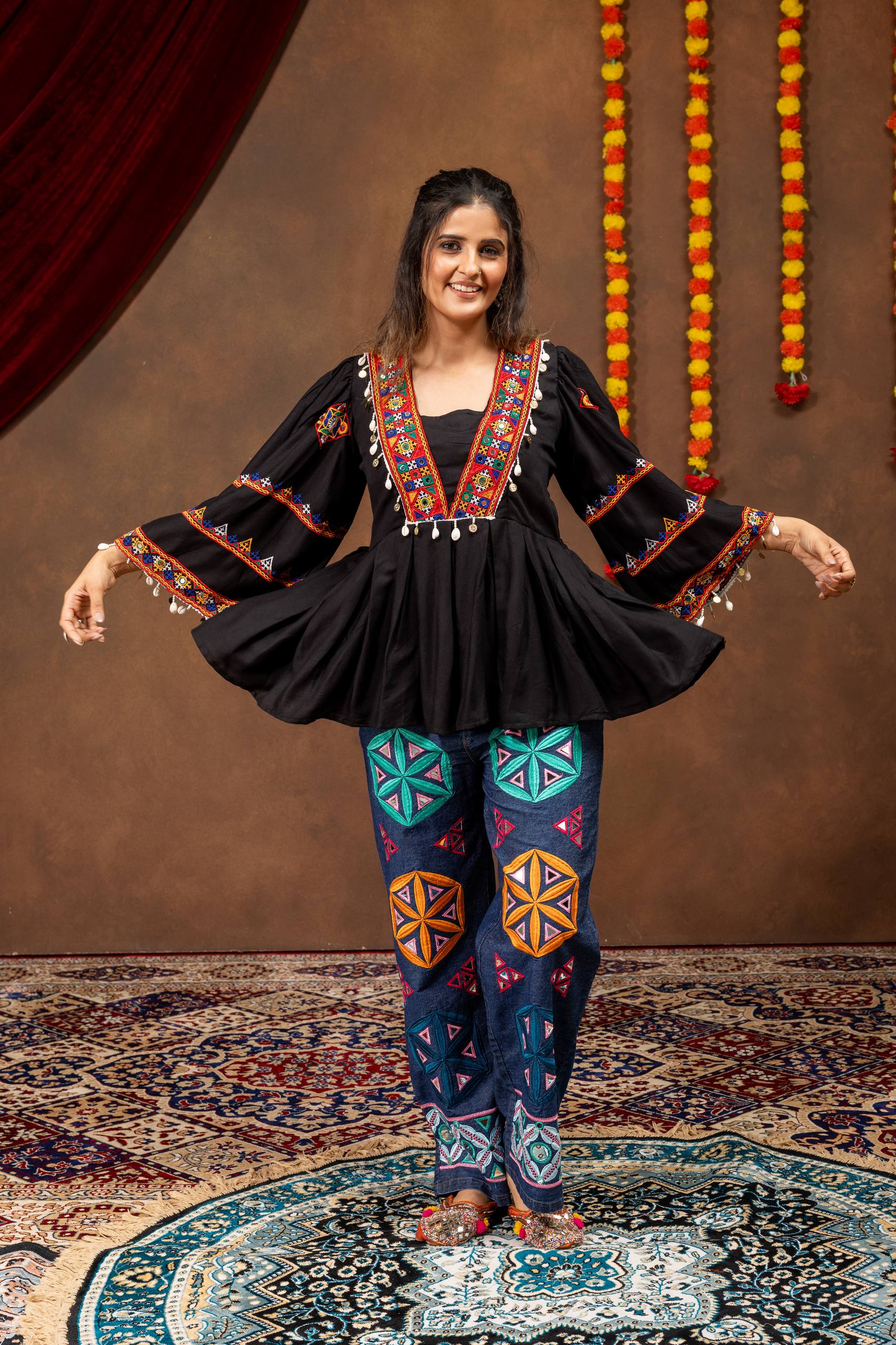 Navrangi Rayon Kediya with Real Mirror Work & Designer Denim Jeans