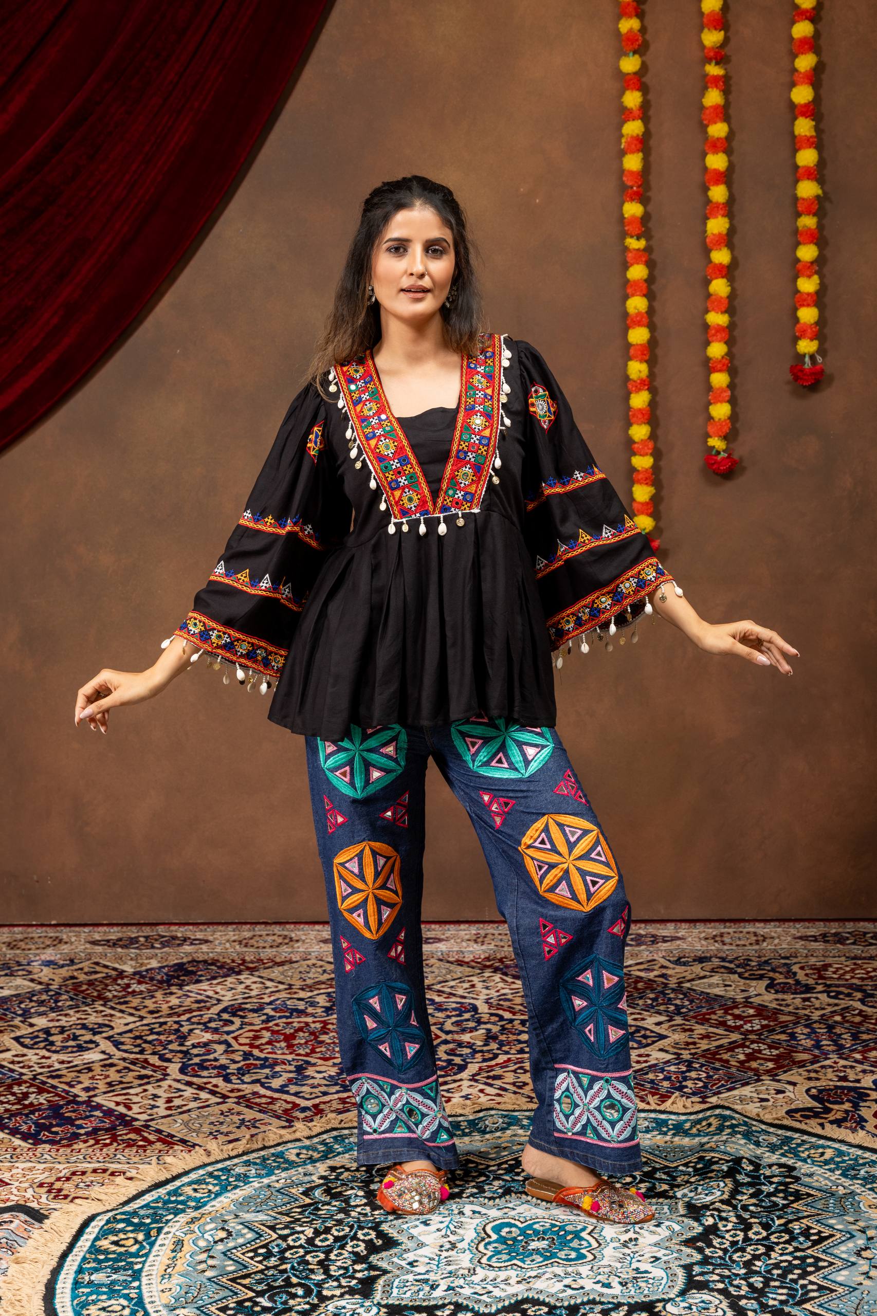 Navrangi Rayon Kediya with Real Mirror Work & Designer Denim Jeans