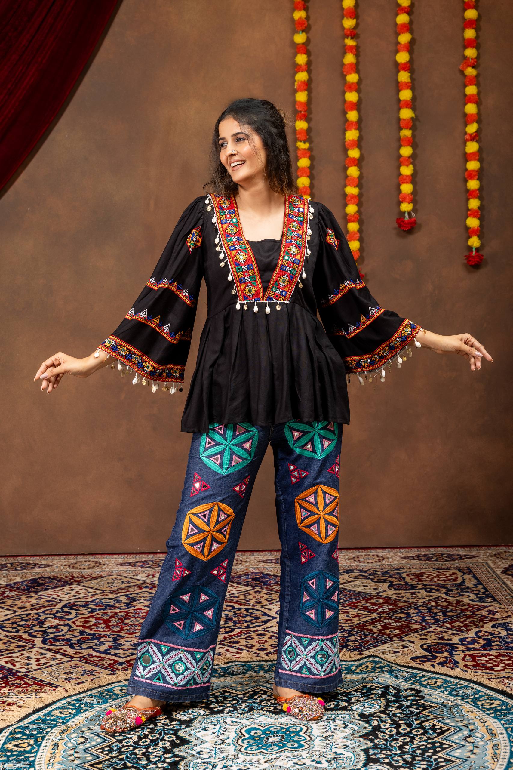 Navrangi Rayon Kediya with Real Mirror Work & Designer Denim Jeans