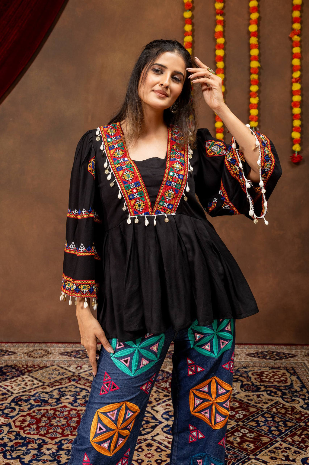 Navrangi Rayon Kediya with Real Mirror Work & Designer Denim Jeans
