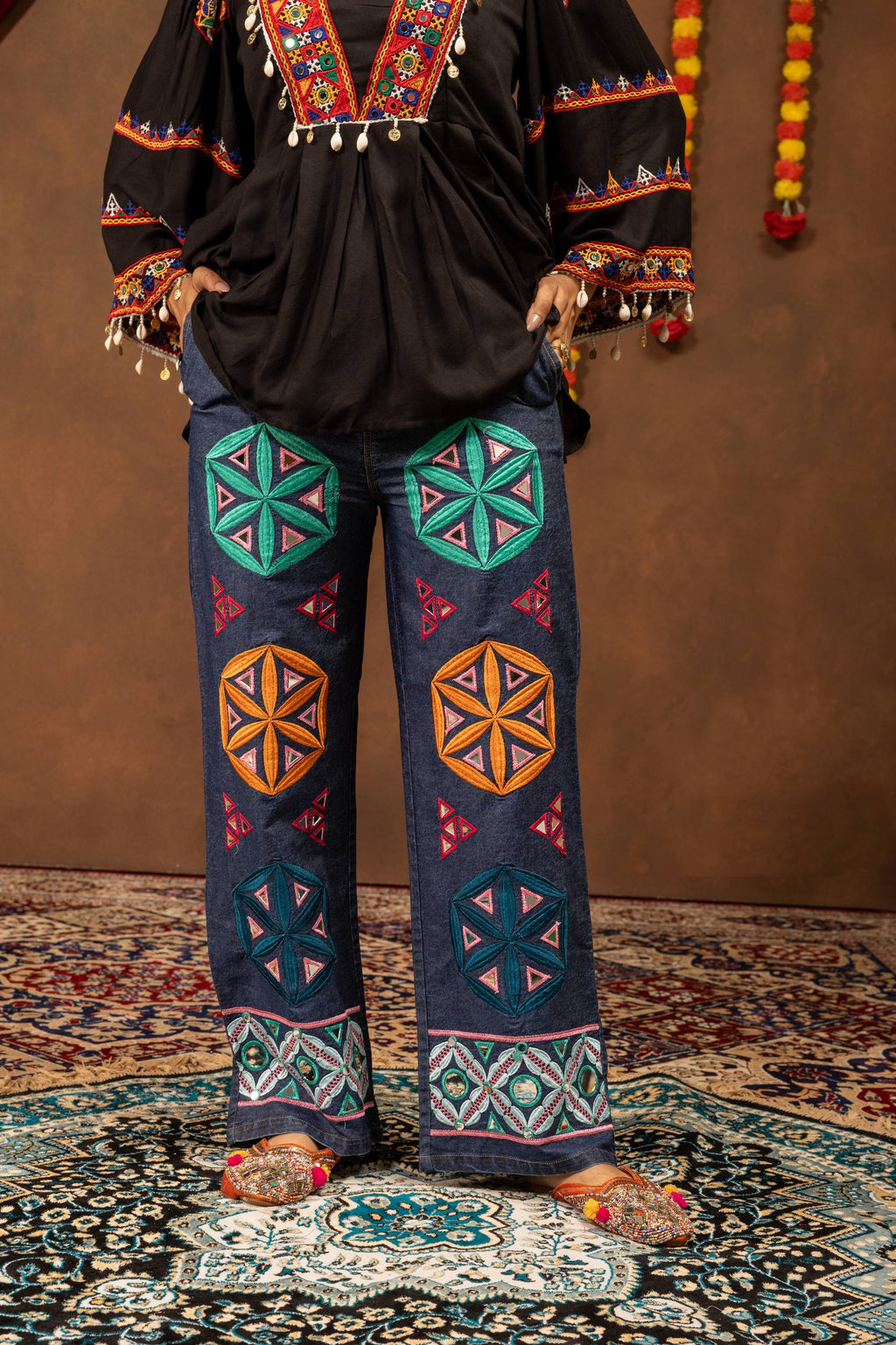 Navrangi Rayon Kediya with Real Mirror Work & Designer Denim Jeans