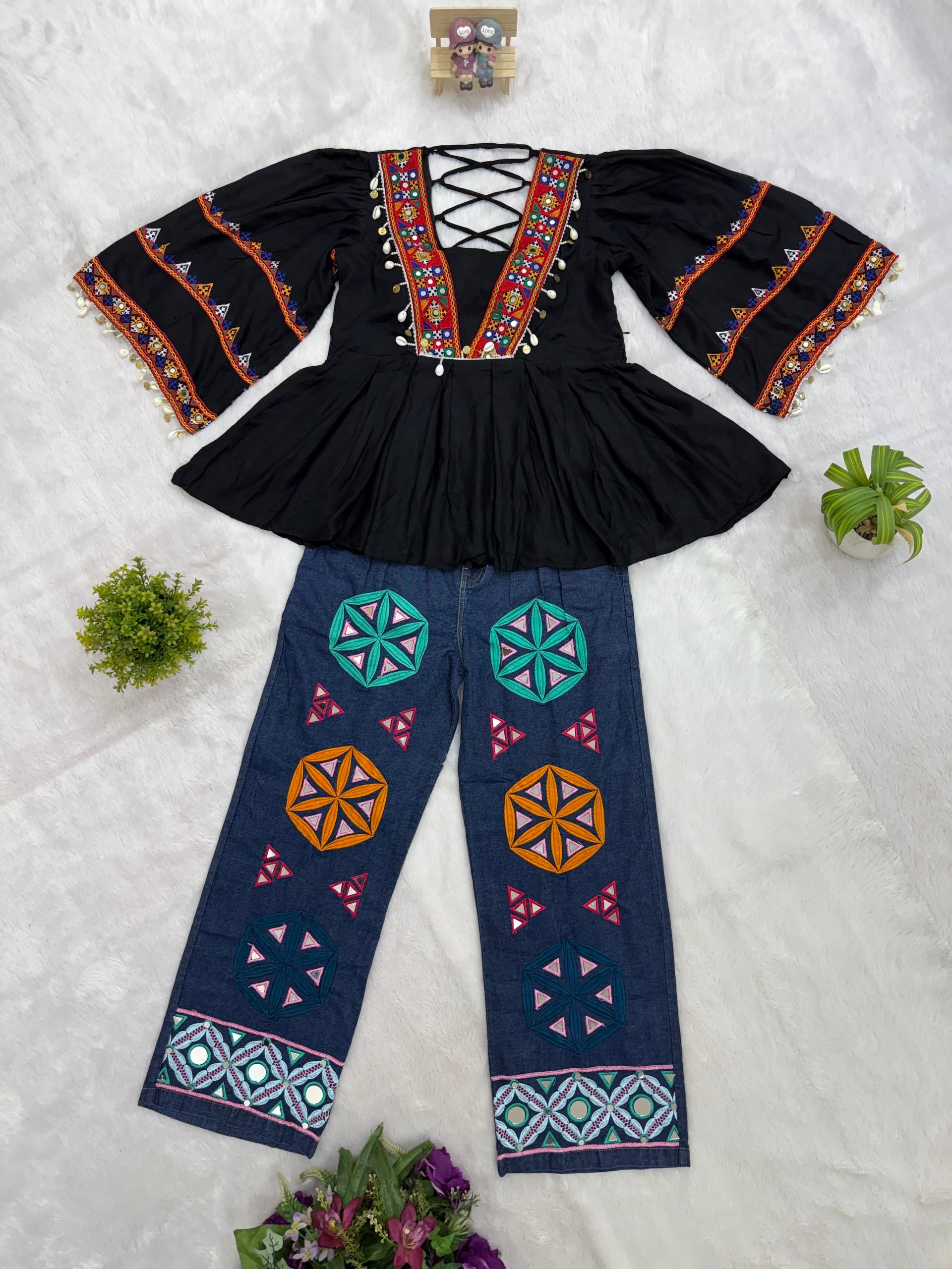 Navrangi Rayon Kediya with Real Mirror Work & Designer Denim Jeans