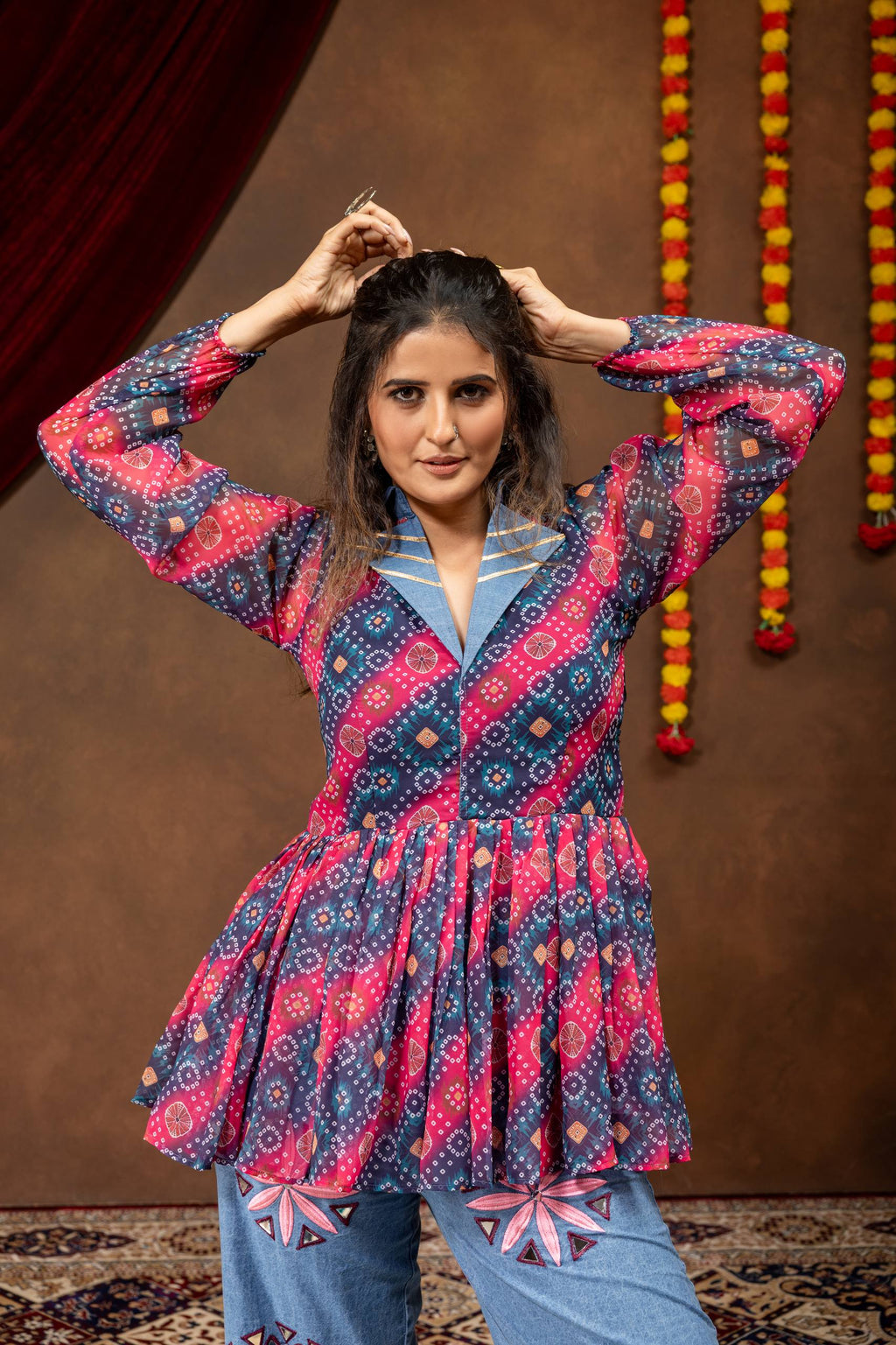 Rangdhara Georgette Kediya with Denim & Gota Lace Paired Mirror Work Jeans