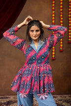 Rangdhara Georgette Kediya with Denim & Gota Lace Paired Mirror Work Jeans