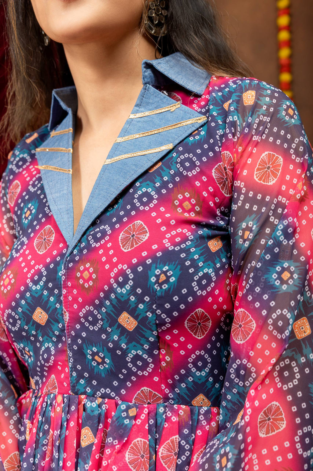 Rangdhara Georgette Kediya with Denim & Gota Lace Paired Mirror Work Jeans