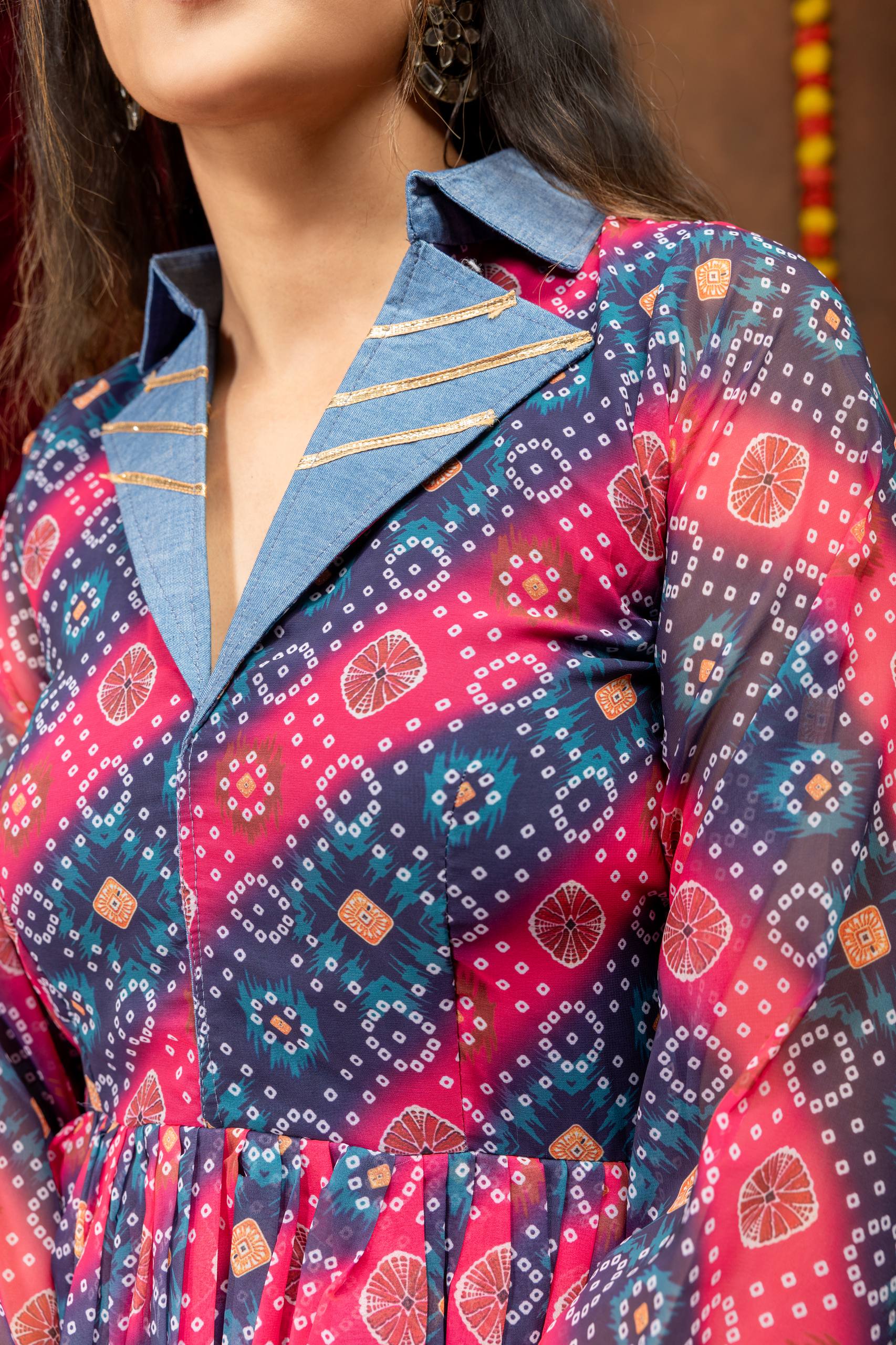 Rangdhara Georgette Kediya with Denim & Gota Lace Paired Mirror Work Jeans