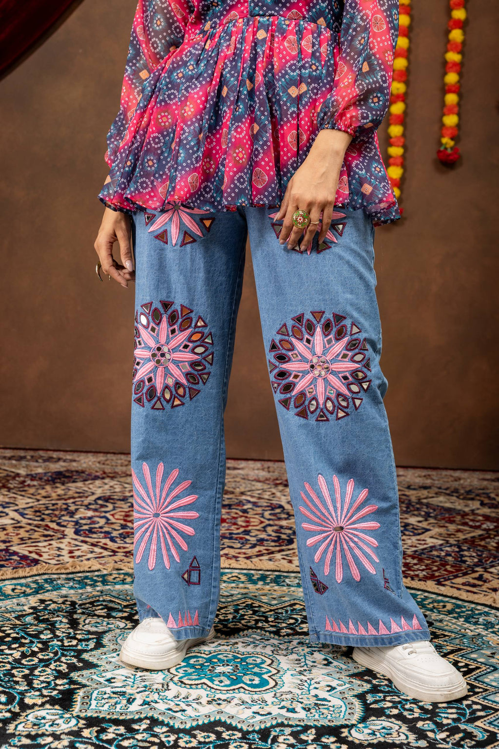 Rangdhara Georgette Kediya with Denim & Gota Lace Paired Mirror Work Jeans