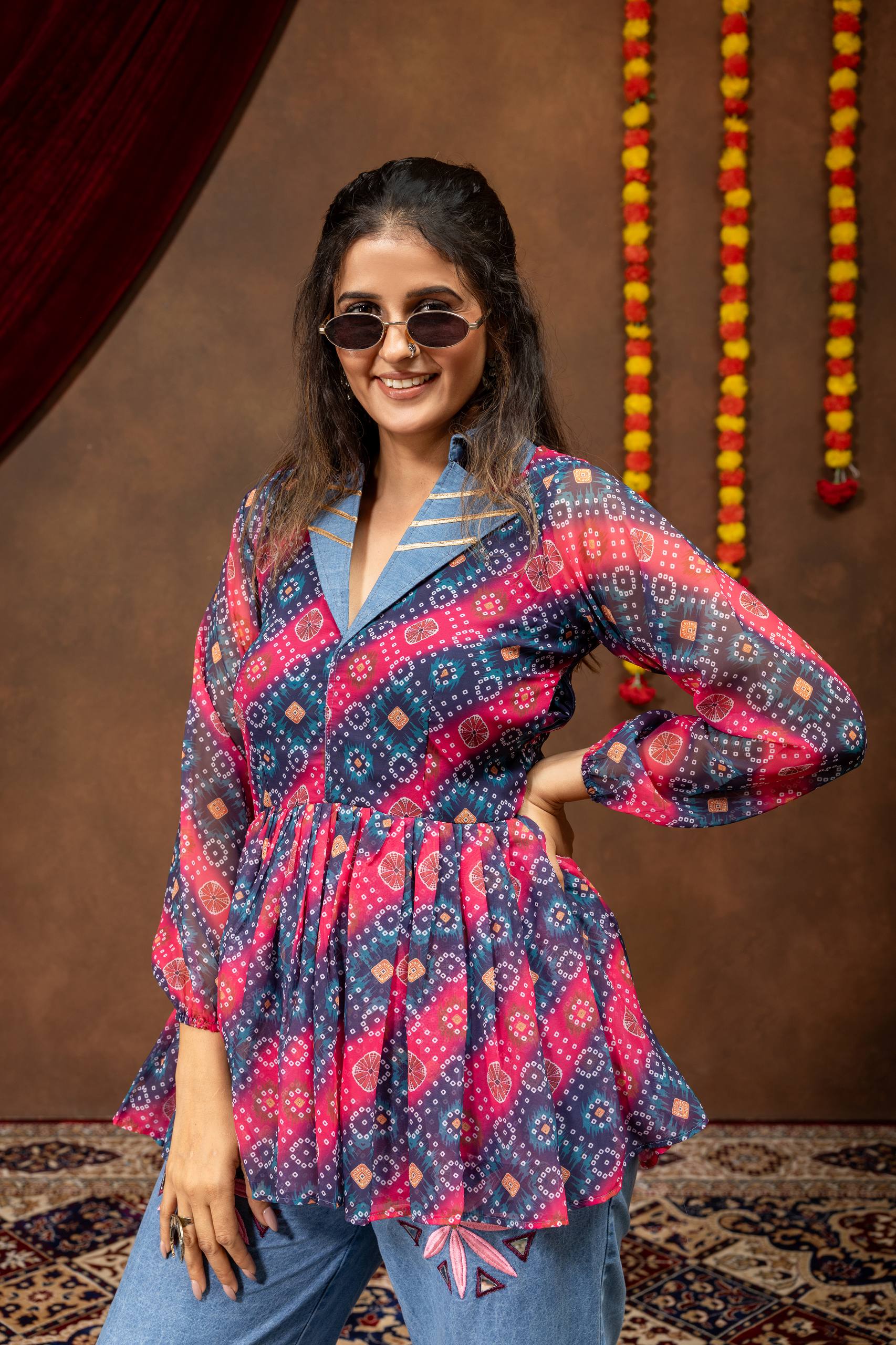 Rangdhara Georgette Kediya with Denim & Gota Lace Paired Mirror Work Jeans