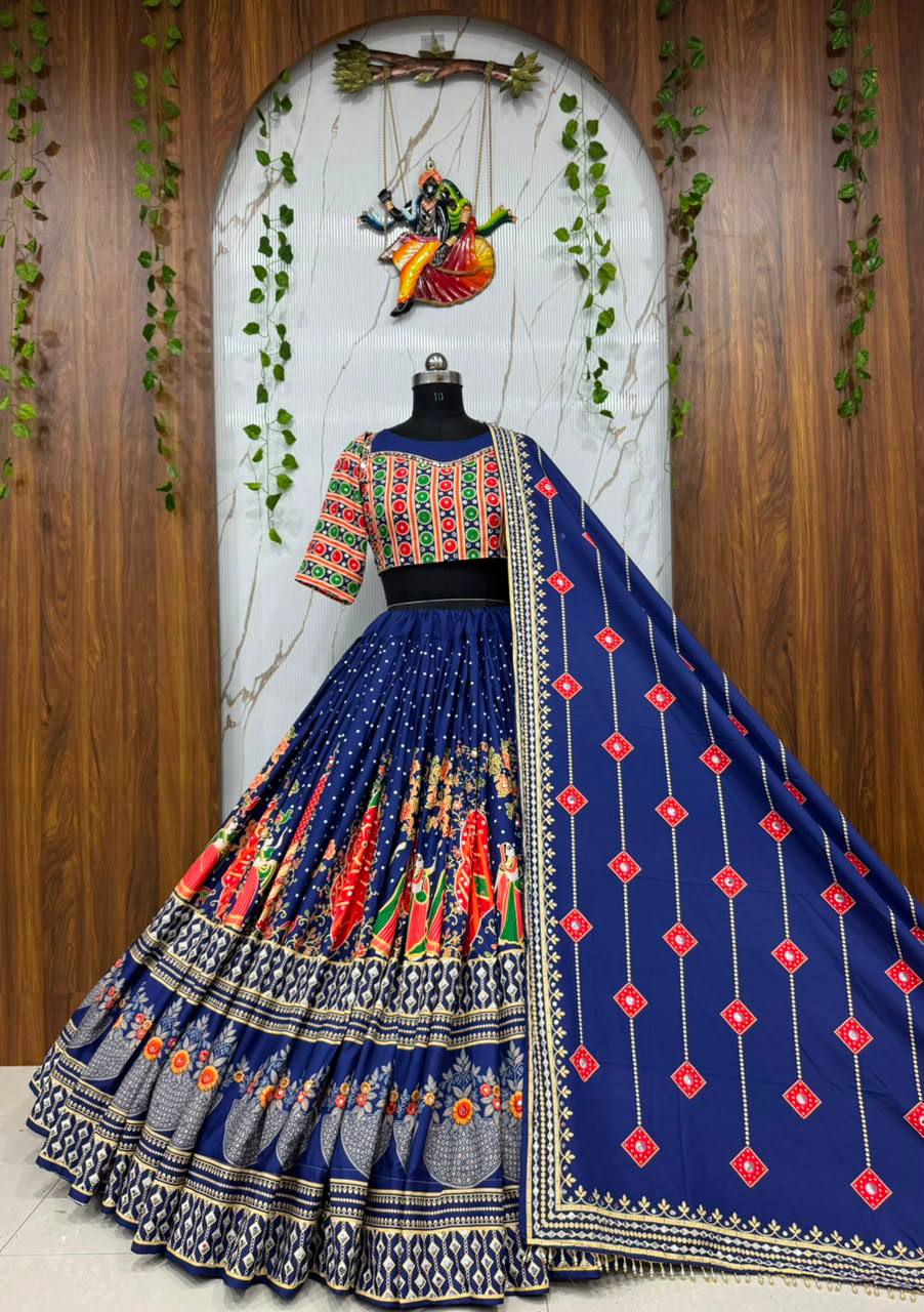 Devyani Muslin Cotton Digital Print Lehenga Set with Real Mirror Work & Latkan Dupatta