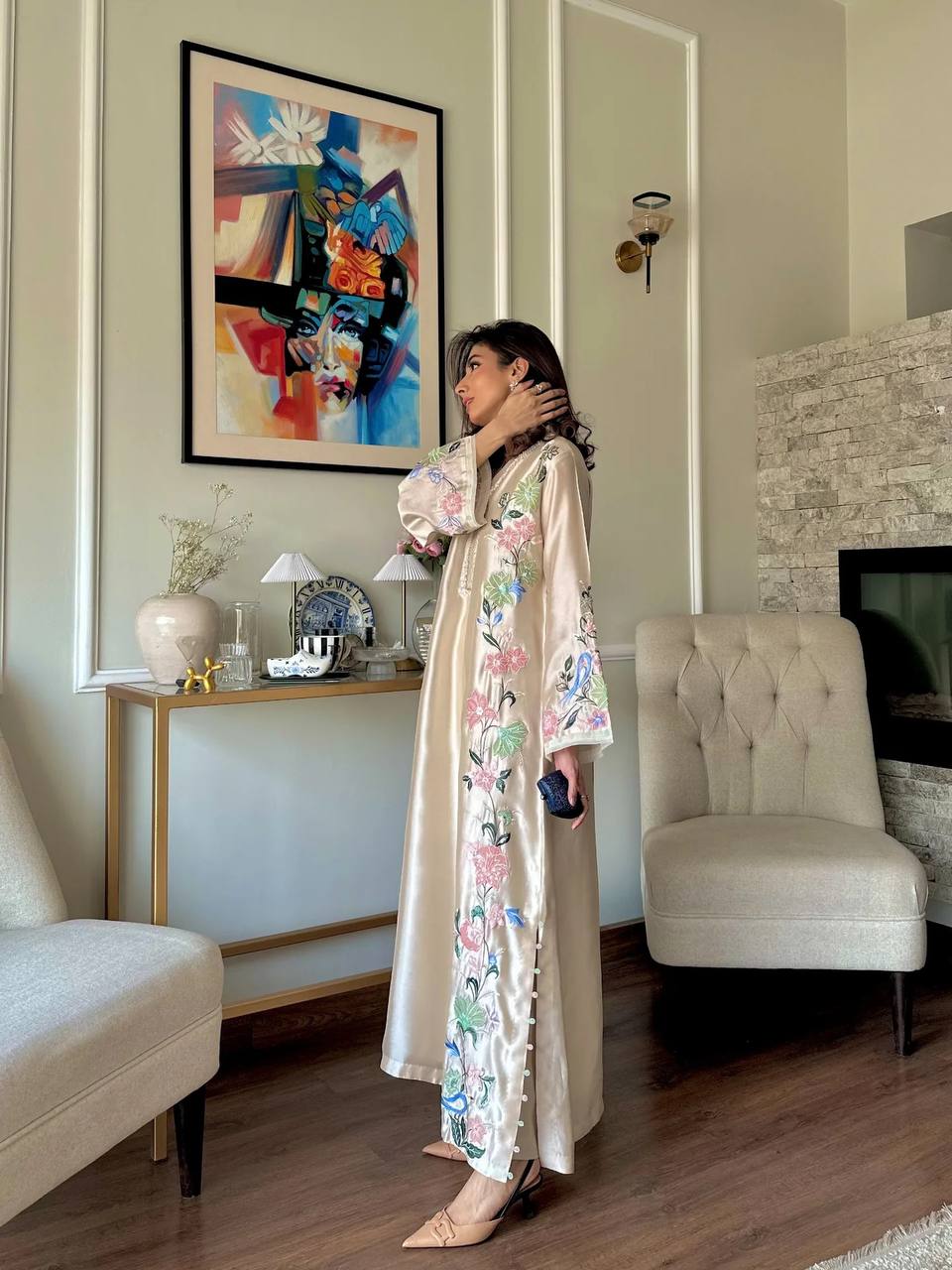Veloura Long Roman Glass Kaftan with Fancy Sleeves & Palazzo
