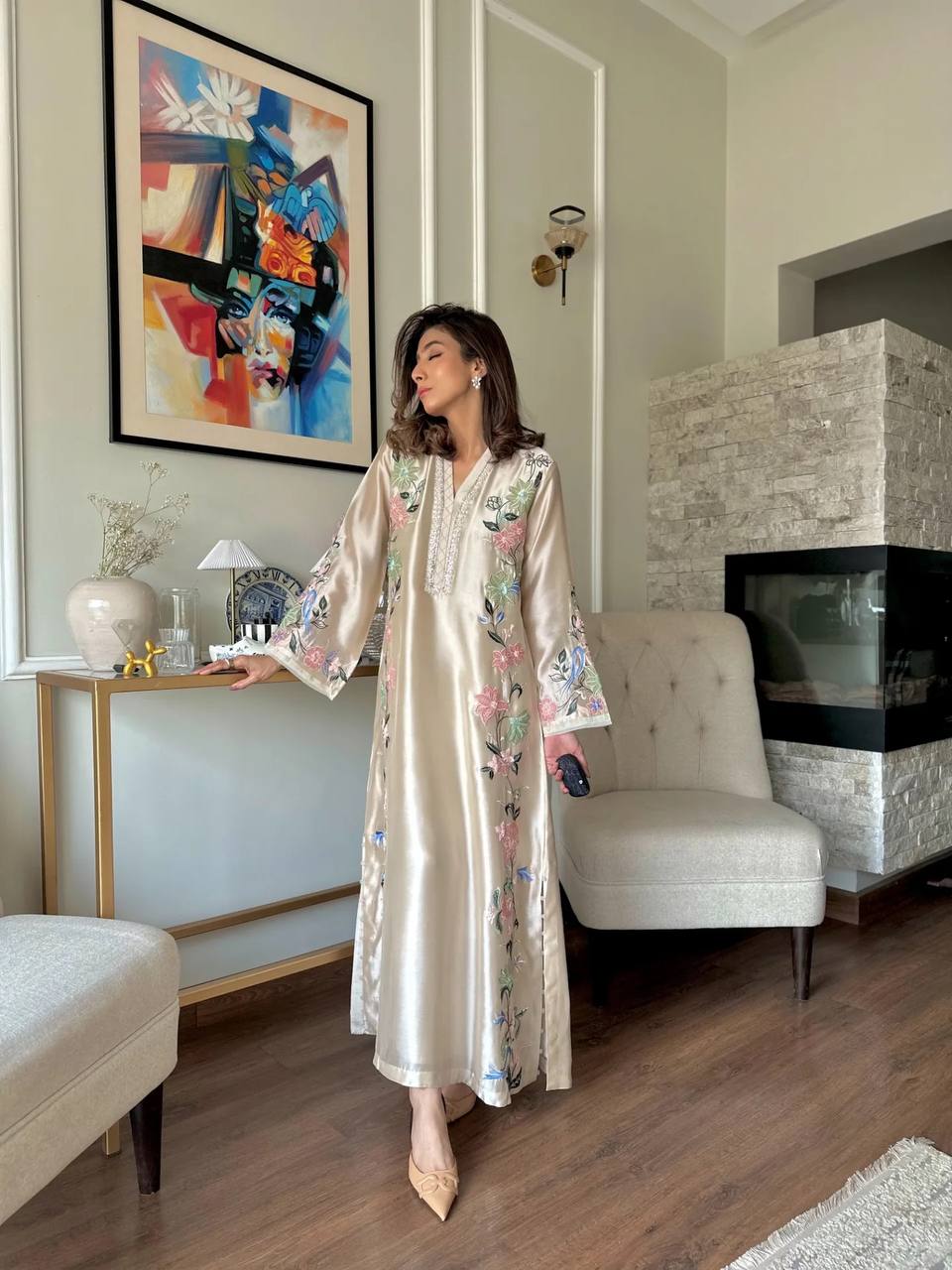 Veloura Long Roman Glass Kaftan with Fancy Sleeves & Palazzo