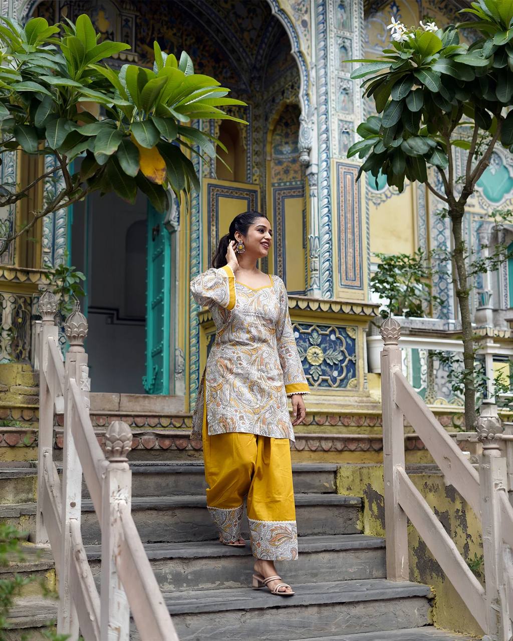 Ayzoria Designer Natural Crepe Digital Print Farshi Salwar Suit with Full Sleeve Kurti & Dupatta