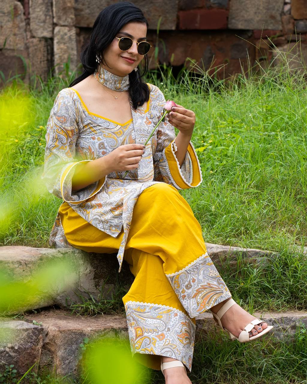 Ayzoria Designer Natural Crepe Digital Print Farshi Salwar Suit with Full Sleeve Kurti & Dupatta