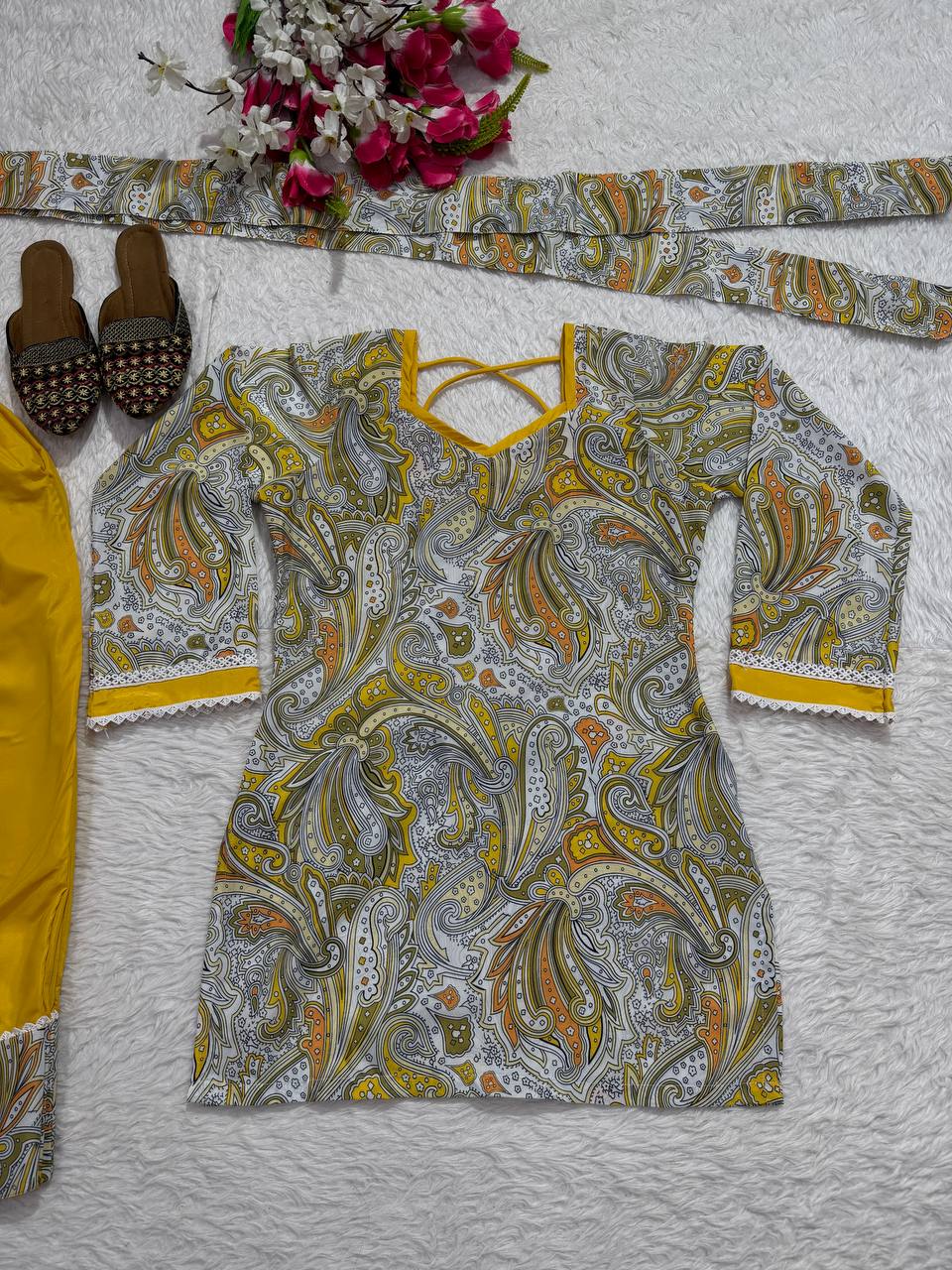 Ayzoria Designer Natural Crepe Digital Print Farshi Salwar Suit with Full Sleeve Kurti & Dupatta