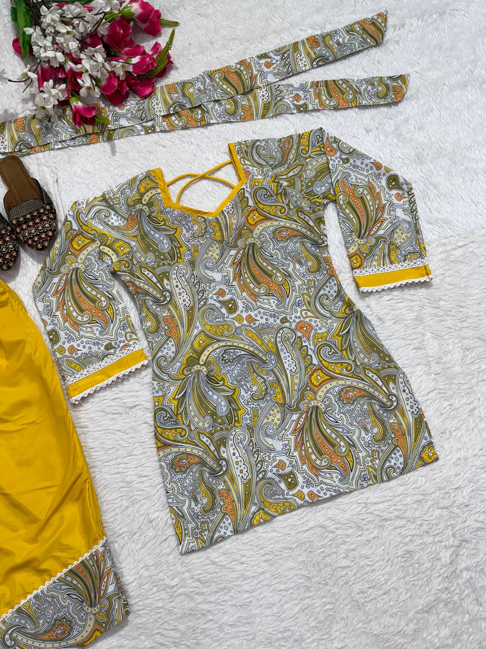 Ayzoria Designer Natural Crepe Digital Print Farshi Salwar Suit with Full Sleeve Kurti & Dupatta