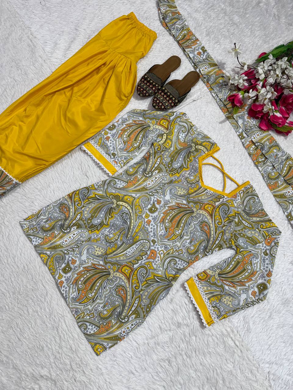 Ayzoria Designer Natural Crepe Digital Print Farshi Salwar Suit with Full Sleeve Kurti & Dupatta