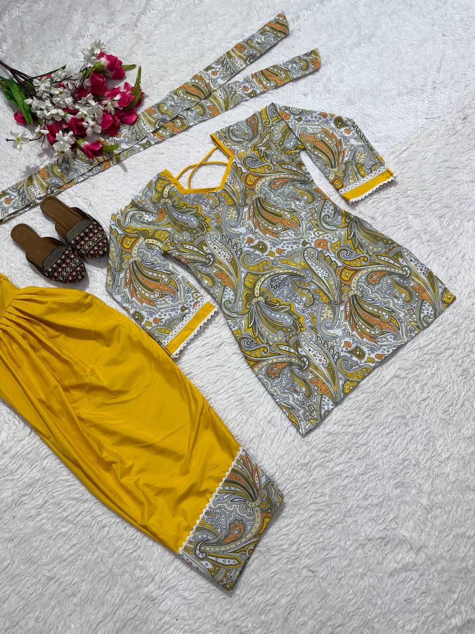 Ayzoria Designer Natural Crepe Digital Print Farshi Salwar Suit with Full Sleeve Kurti & Dupatta