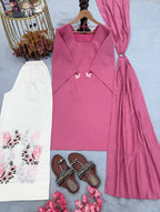 Avenza Roman Silk Kurti Palazzo Set with Embroidered Thread Work, Tassel Sleeves & Ring Dupatta