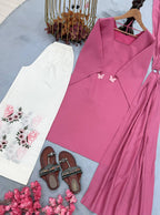 Avenza Roman Silk Kurti Palazzo Set with Embroidered Thread Work, Tassel Sleeves & Ring Dupatta