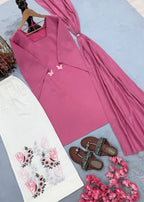 Avenza Roman Silk Kurti Palazzo Set with Embroidered Thread Work, Tassel Sleeves & Ring Dupatta