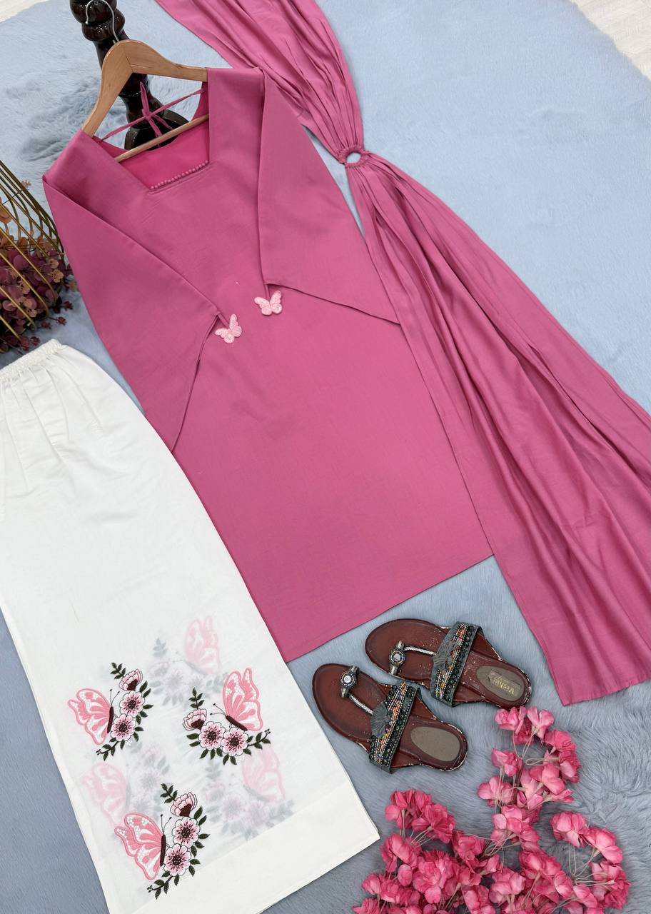 Avenza Roman Silk Kurti Palazzo Set with Embroidered Thread Work, Tassel Sleeves & Ring Dupatta