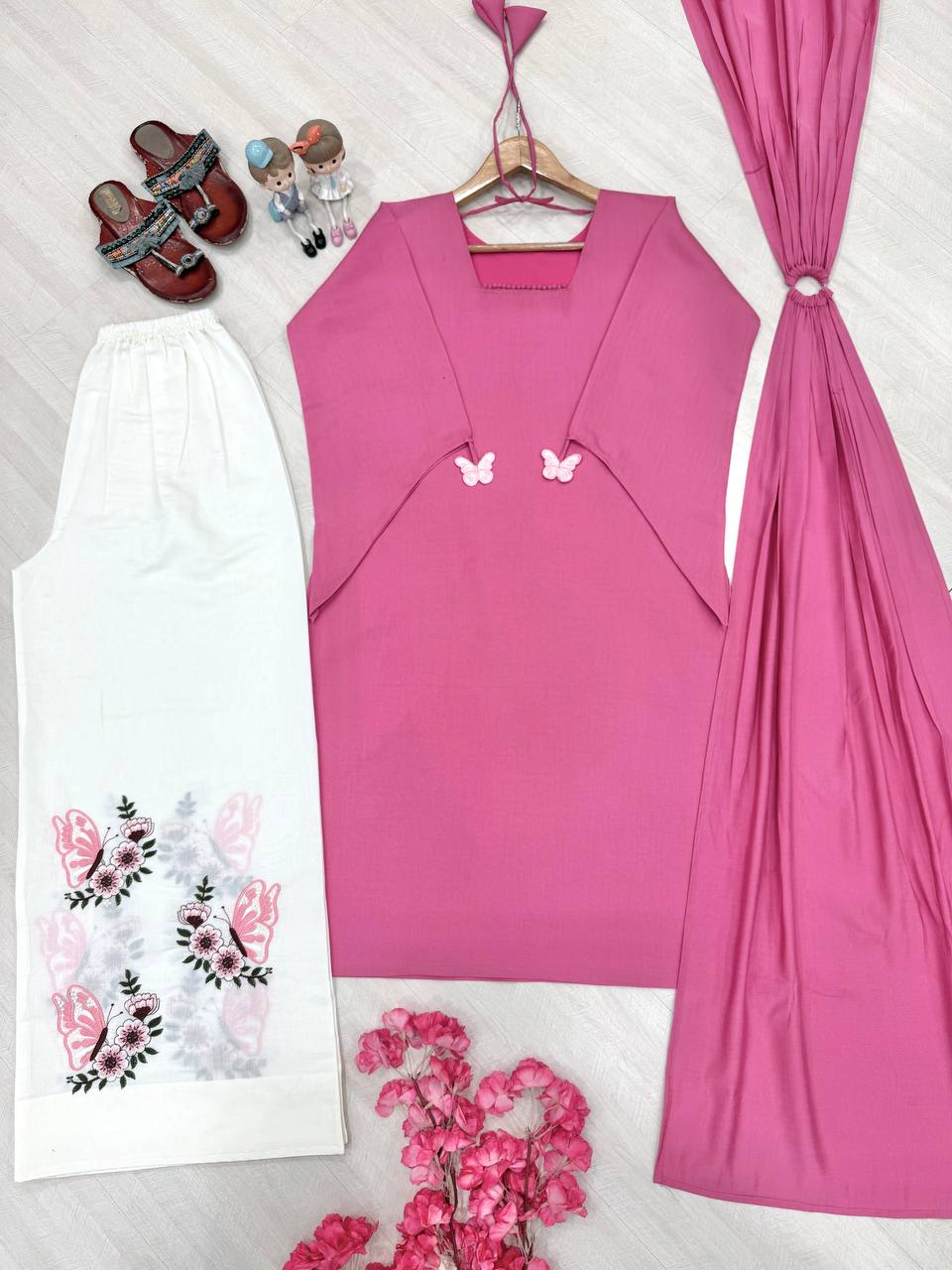 Avenza Roman Silk Kurti Palazzo Set with Embroidered Thread Work, Tassel Sleeves & Ring Dupatta