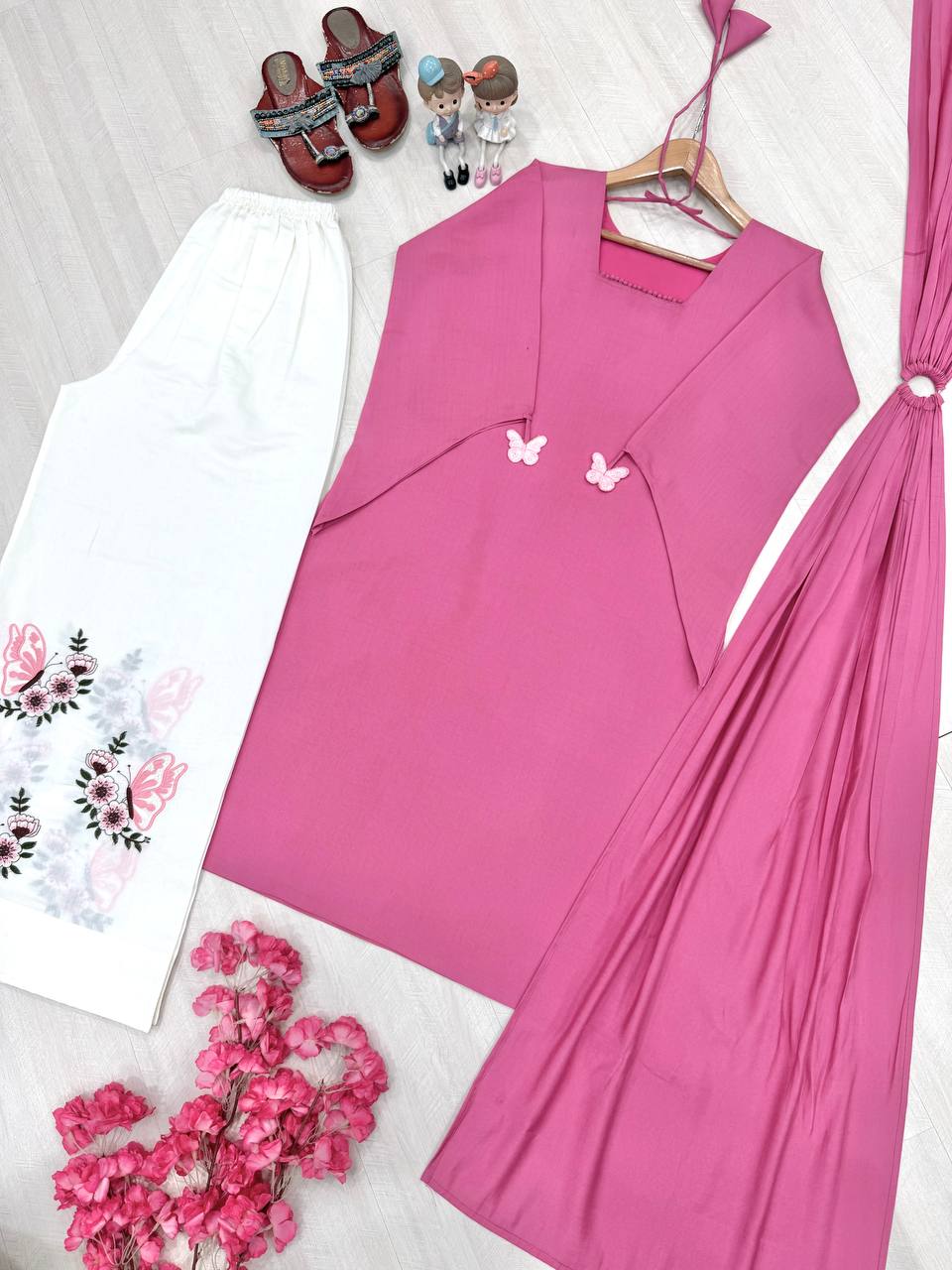 Avenza Roman Silk Kurti Palazzo Set with Embroidered Thread Work, Tassel Sleeves & Ring Dupatta