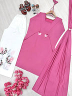 Avenza Roman Silk Kurti Palazzo Set with Embroidered Thread Work, Tassel Sleeves & Ring Dupatta